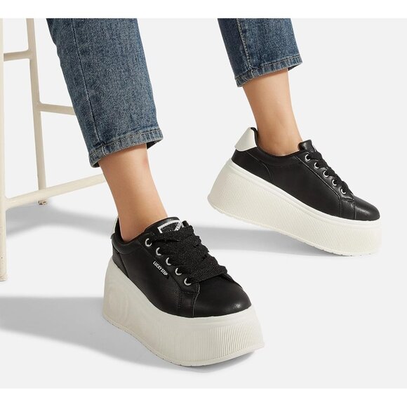 Lucky Step Women Black Platform Low Top Classic Wedge Retro Canvas Sneakers - Picture 9 of 9